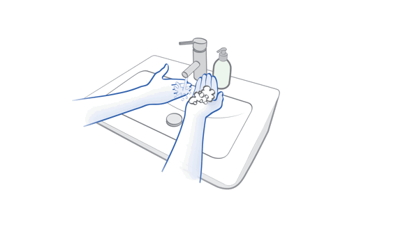 LoFric Origo Pro IFU/Quick guide illustration showing step 1 wash your hands