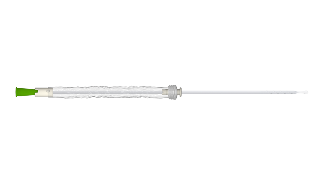 LoFric Origo Pro product image in 16:9 for the website, showing the catheter taken out of the packaging and with the protective sleeve pulled half way down.